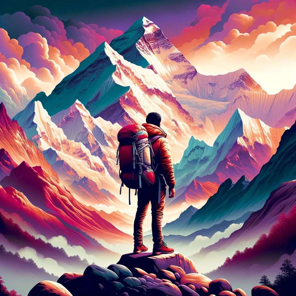 someone gazing at Mount Everest, digital art made from colorful gradients, airbrush